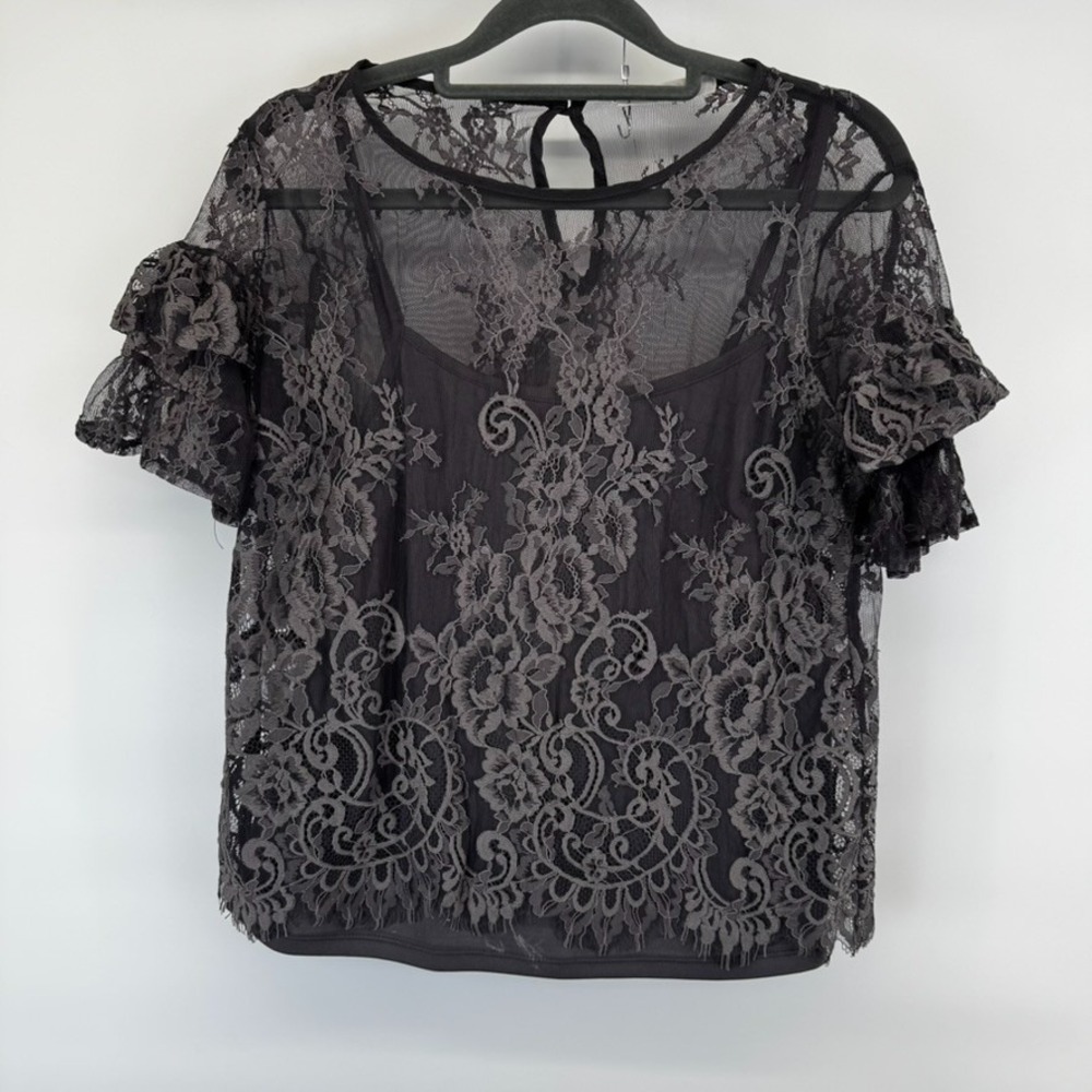 Womens Grey Lace over Tank Top Size Medium Floral Pattern See Through Ruffled